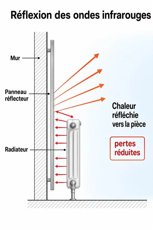 Schéma de fonctionnement d'un panneau réflecteur de radiateur pour optimiser le chauffage
