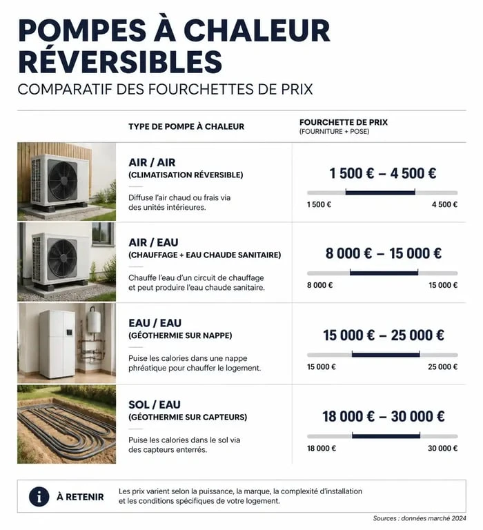 Comparatif des prix des pompes à chaleur clim réversible selon la technologie