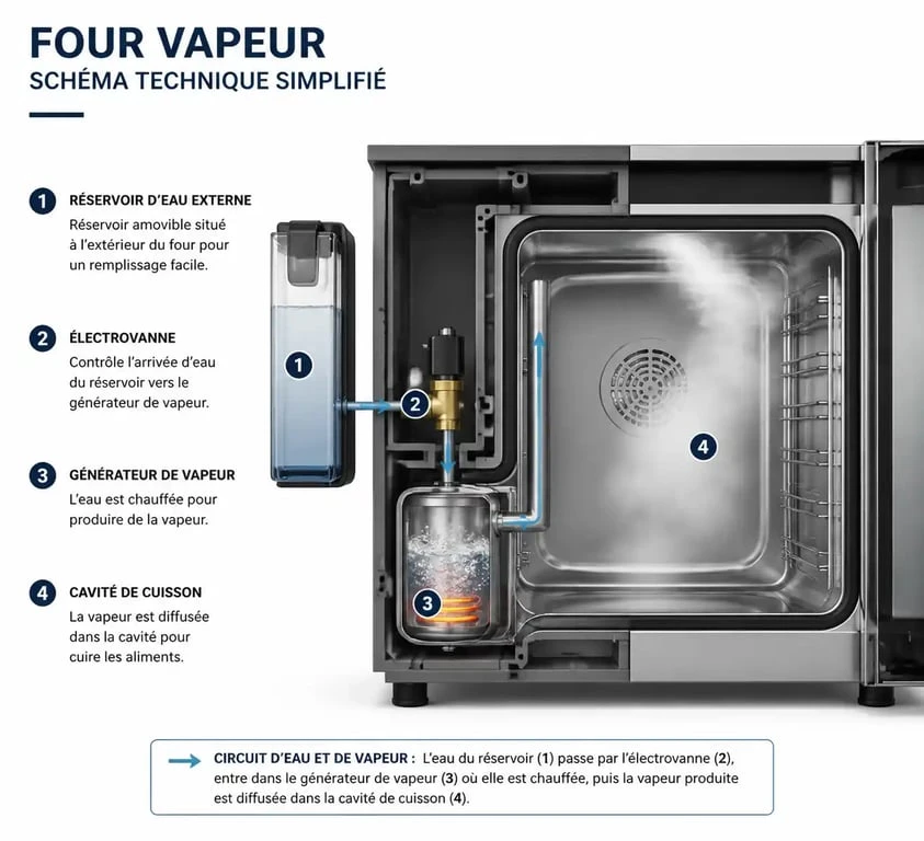 Schéma explicatif du fonctionnement d'un four vapeur avec générateur externe