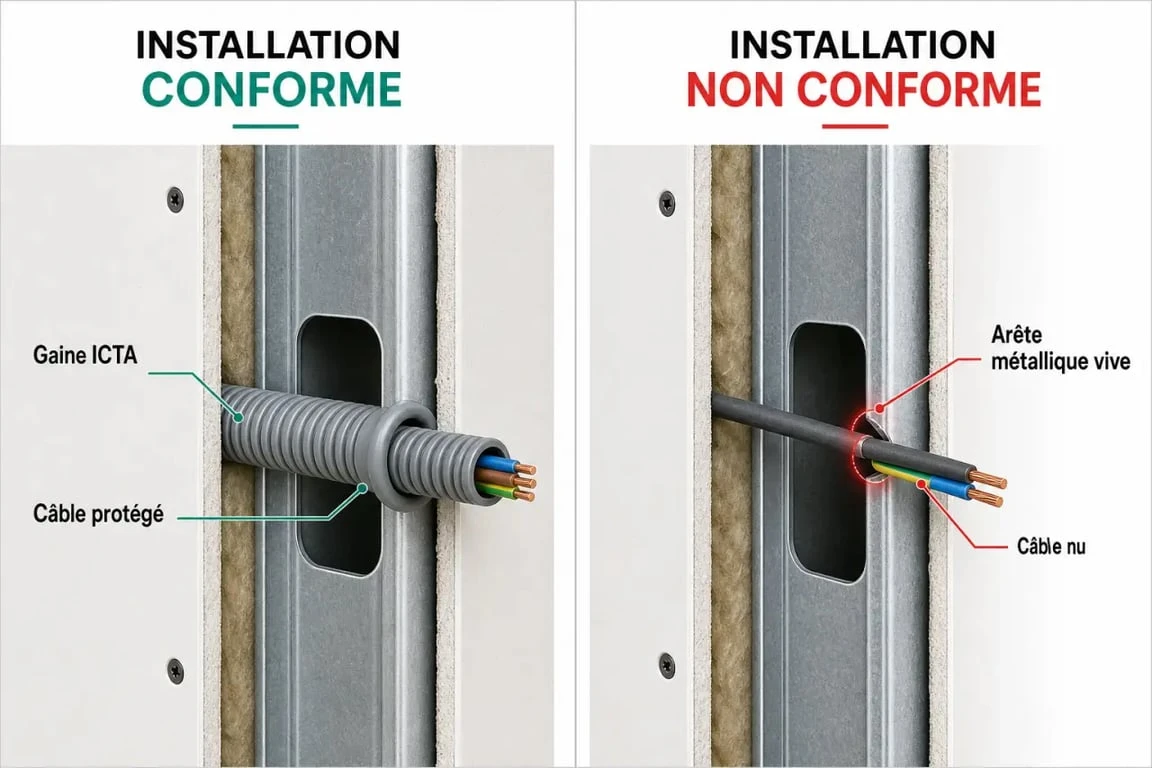 Schéma comparatif de pose de câble électrique dans une cloison placo : installation conforme sous gaine ICTA vs installation non conforme sans protection.