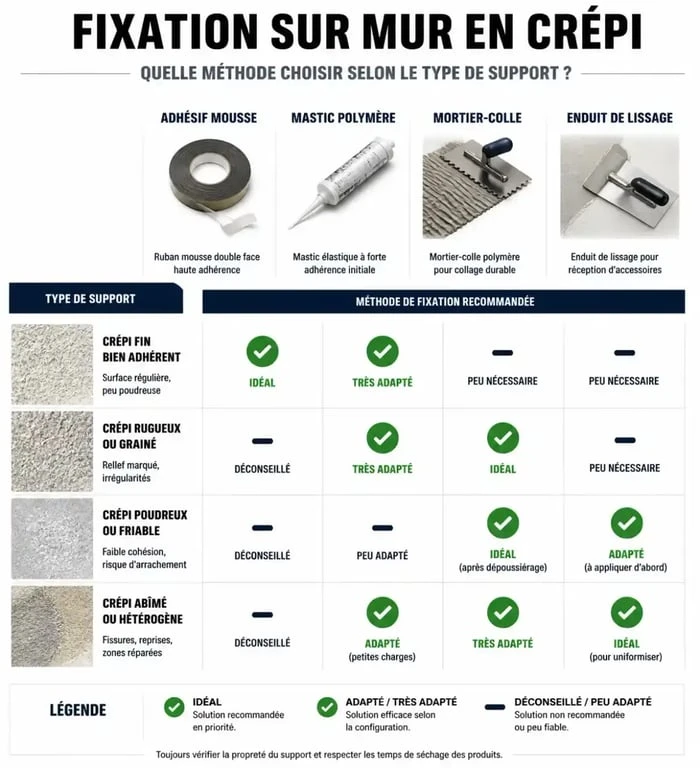Tableau comparatif des méthodes pour fixer des objets sur un mur en crépi : adhésif, mastic, mortier et enduit de lissage