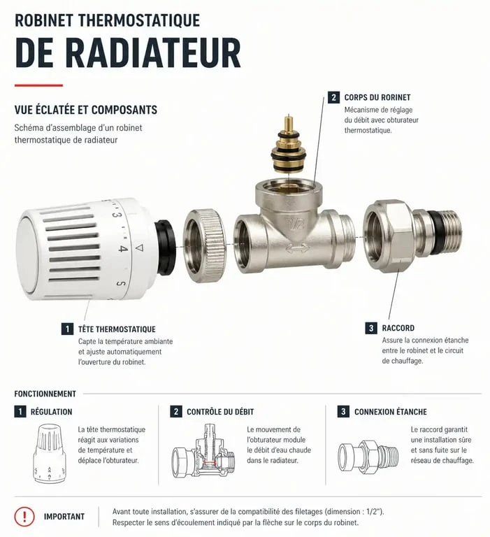 Schéma technique pour changer un robinet thermostatique de radiateur