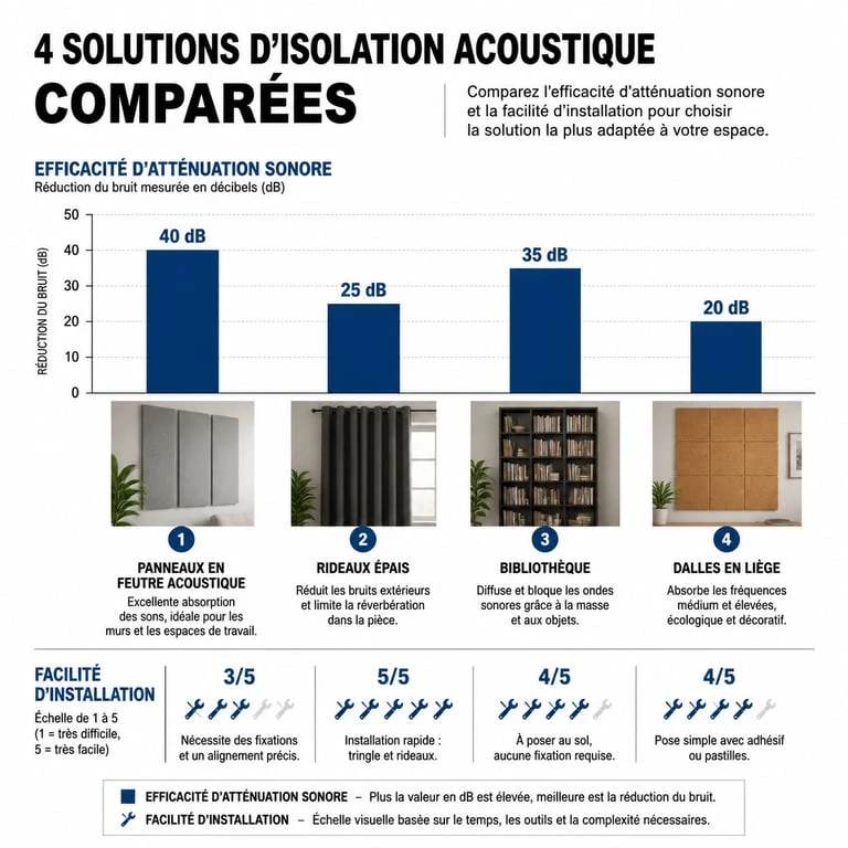 Infographie comparative des solutions d'isolation phonique pour mur de chambre sans travaux