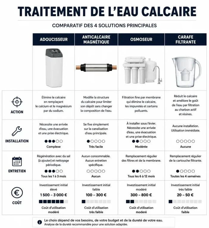 Infographie comparative des solutions pour traiter l'eau calcaire et réduire la dureté de l'eau