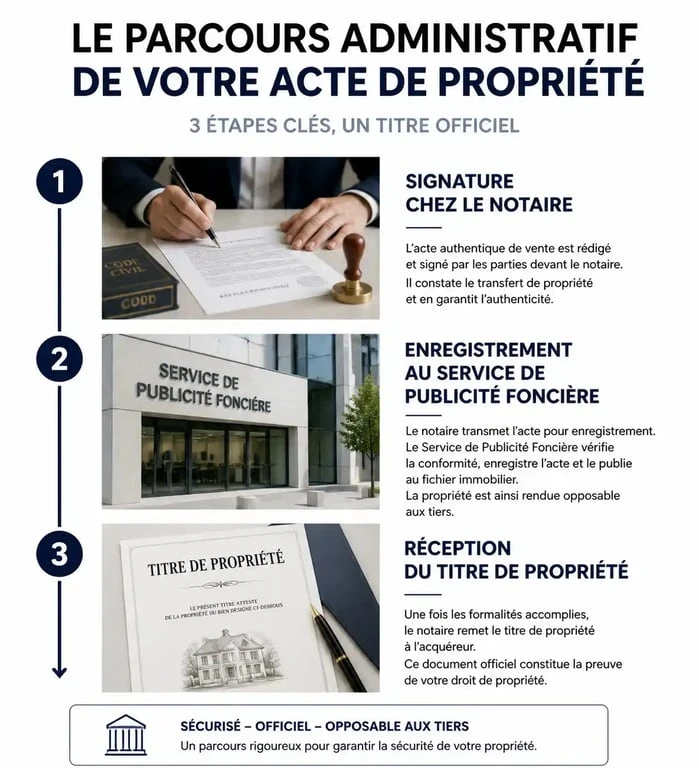 Infographie du parcours administratif et des délais d'obtention d'un acte de propriété maison