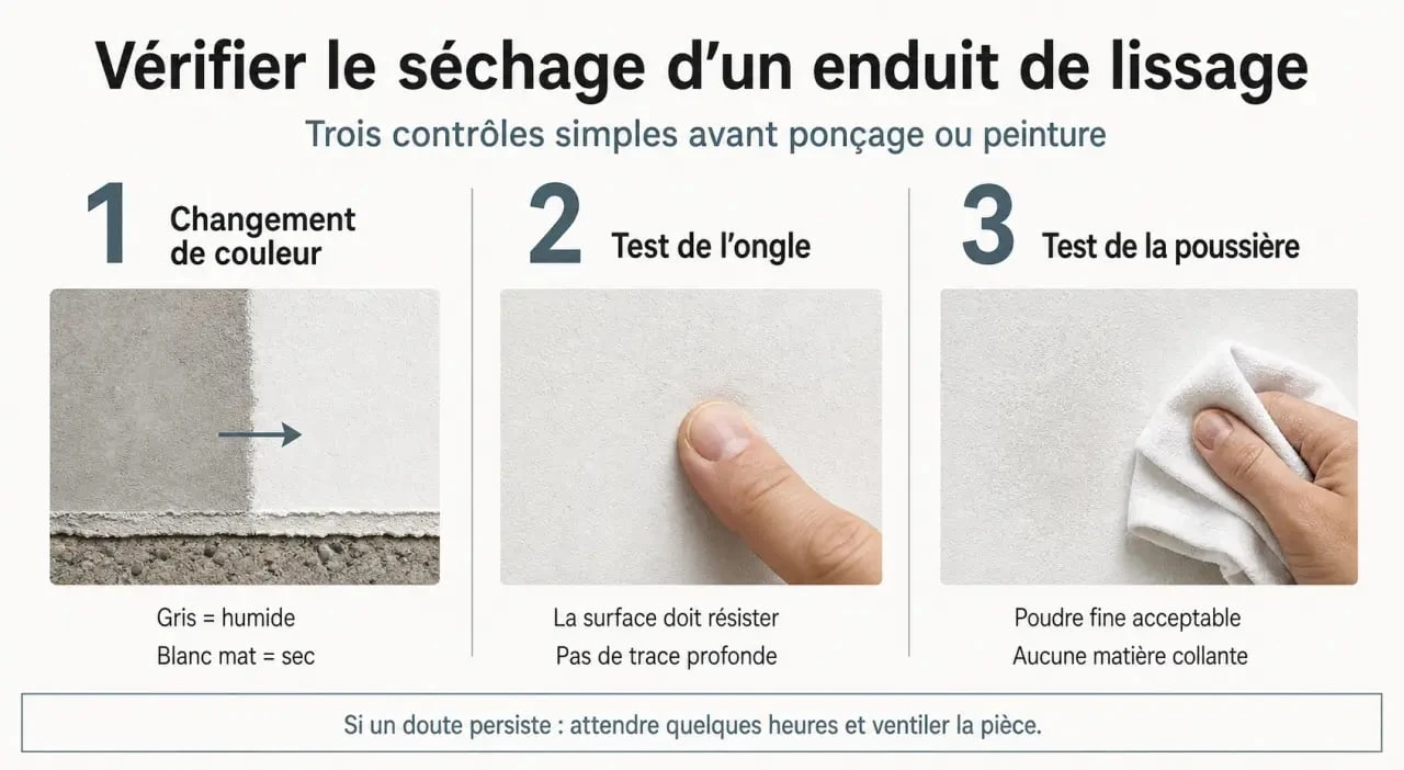 Infographie des 3 tests pour vérifier le temps de séchage de l'enduit de lissage avant ponçage