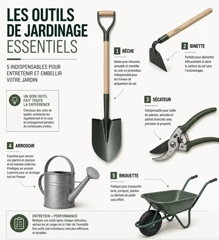 Infographie des outils de jardinage essentiels pour débutants et amateurs, incluant bêche, sécateur et arrosoir.