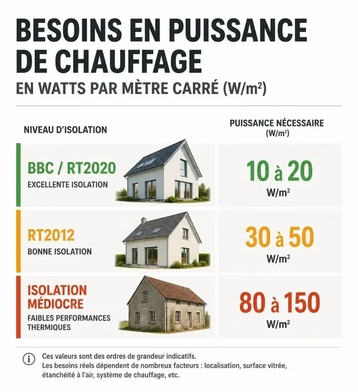 Tableau comparatif de la puissance de radiateur par m2 selon l'isolation du logement