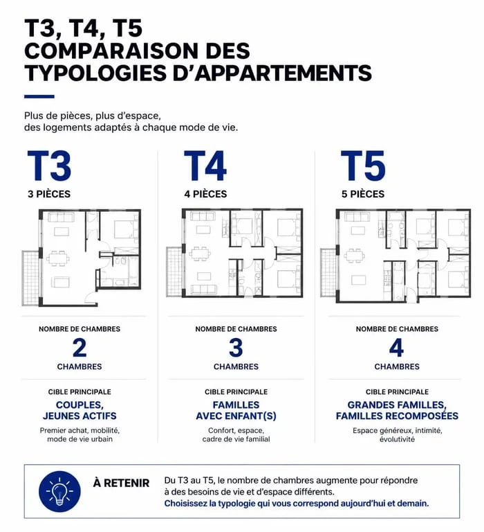 Infographie comparative des appartements T3, T4 et T5 pour choisir son appartement t4