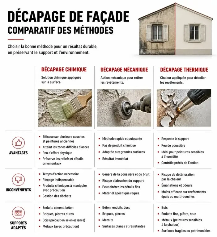 Infographie comparative des méthodes pour décaper une façade peinture