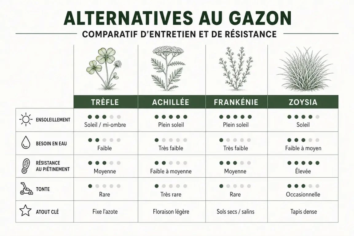 Tableau comparatif des meilleures alternatives au gazon pour remplacer le gazon traditionnel dans votre jardin