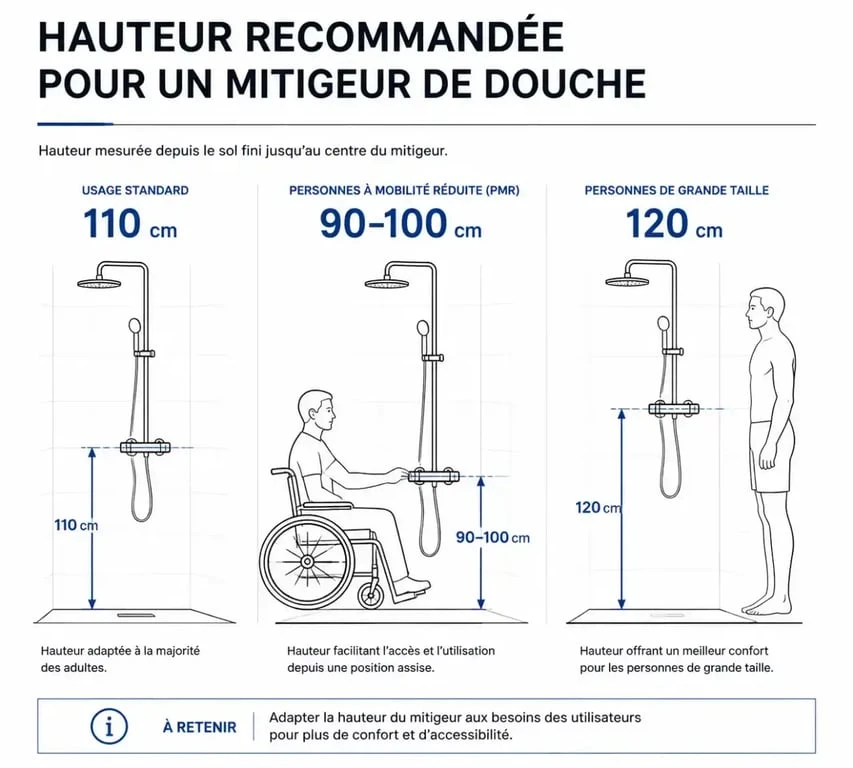 Schéma des hauteurs idéales pour l'installation d'un mitigeur de douche selon les normes et l'ergonomie