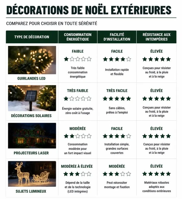 Infographie comparative des décorations de Noël extérieures : guirlandes LED, solaire, laser et sujets lumineux pour une décoration de Noël extérieure réussie.