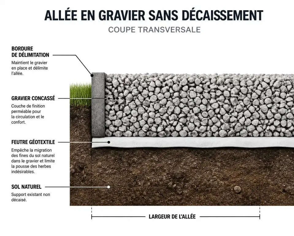 Schéma technique de pose de gravier sans décaissement avec géotextile et bordures