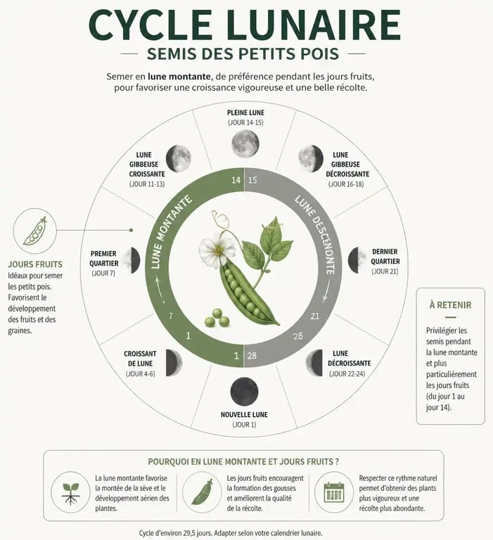 Infographie du calendrier lunaire pour le semis des petits pois, illustrant les jours fruits et la lune montante.