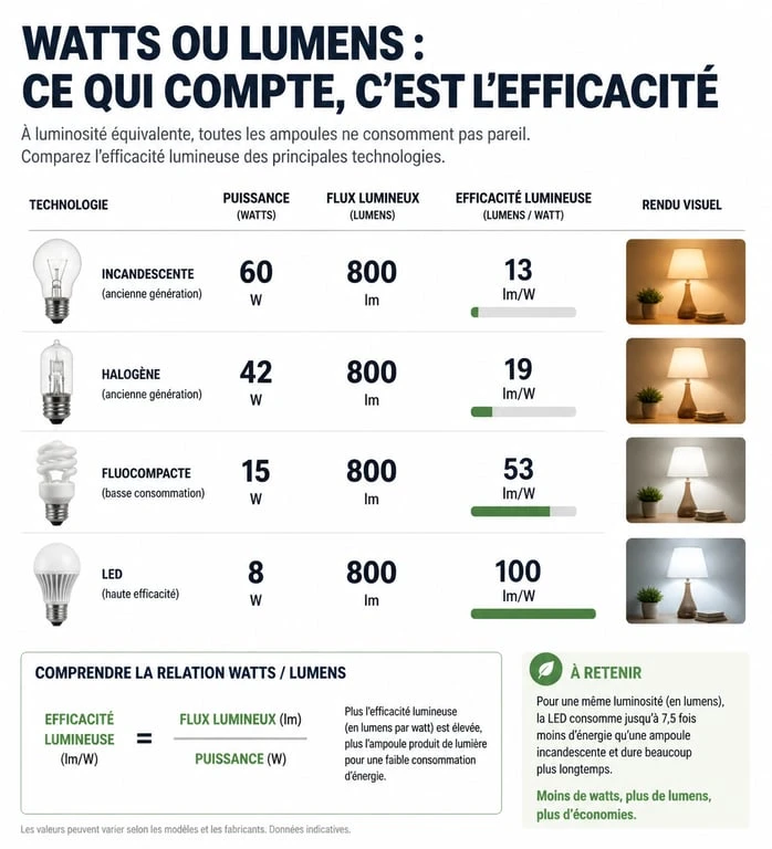 Infographie comparative des ampoules économiques : lumens, watts et efficacité énergétique