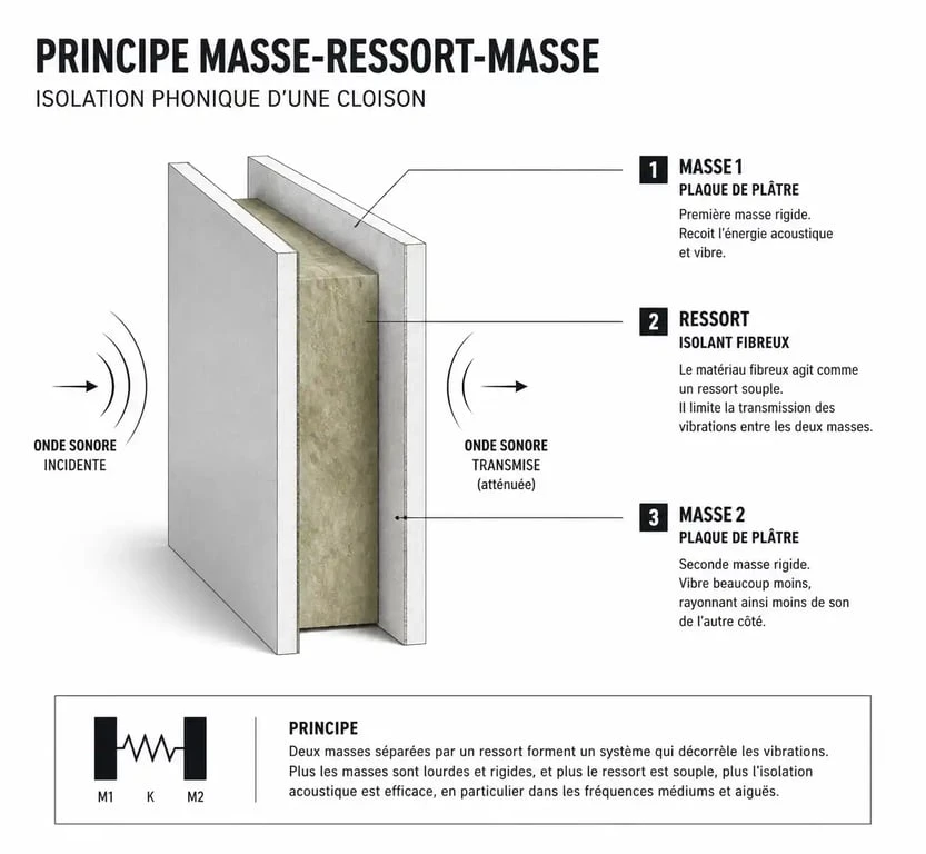 Schéma du principe masse-ressort-masse pour l'isolation phonique d'une cloison entre deux chambres