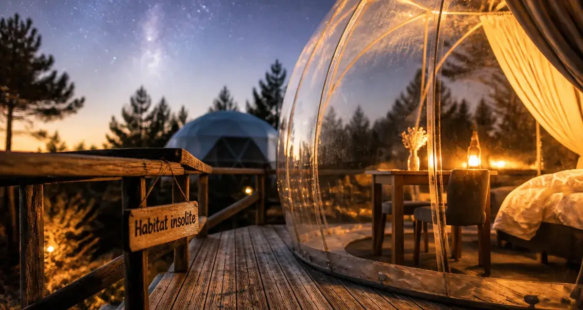 Habitat insolite : bulle transparente au golden hour, vue pins et voie lactée