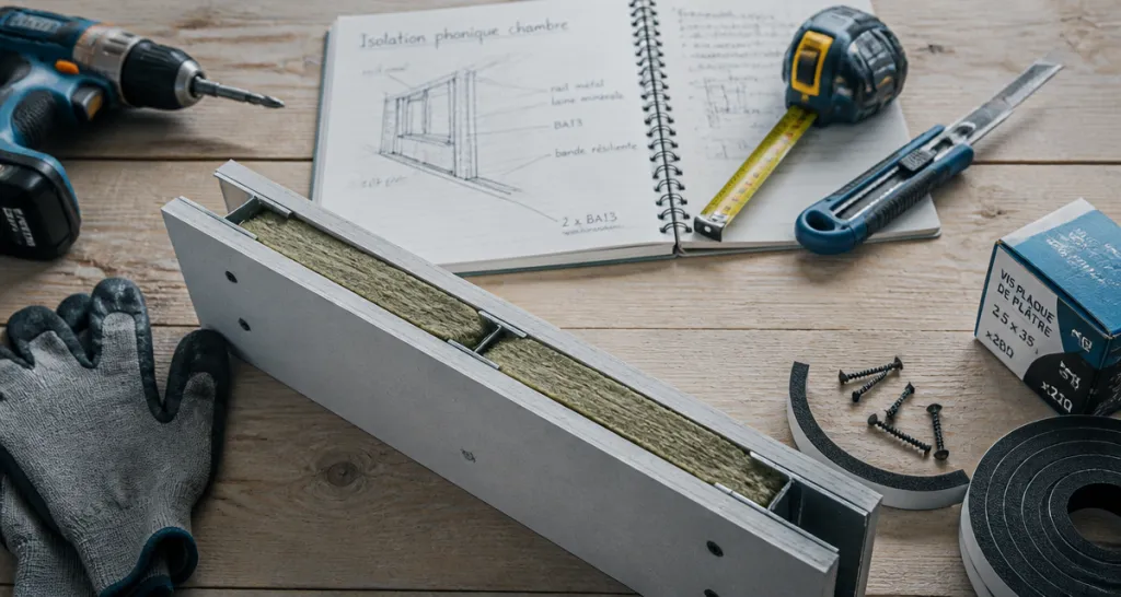 Isolation cloison entre 2 chambres en coupe avec outils