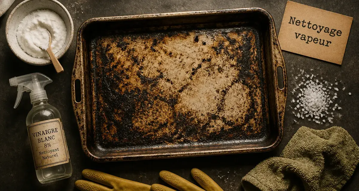 Nettoyer plaque four très sale avec bicarbonate, vinaigre et chiffons vapeur