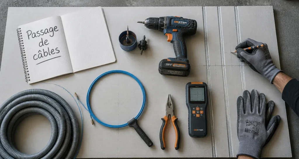 Passer un câble horizontal dans une cloison placo, outils d’électricité sur plaque BA13