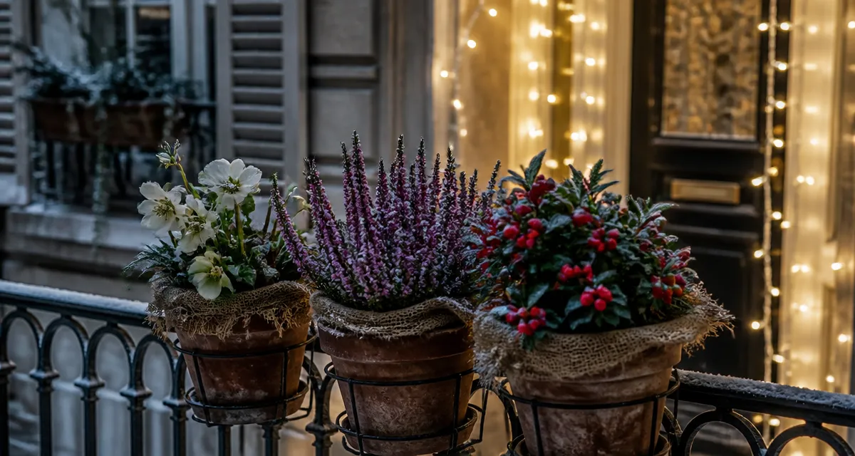 Plante de noel exterieur : hellébore, bruyère et gaulthéria en pots sur balcon givré