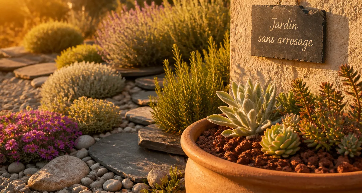 Plantes plein soleil sans arrosage en rocaille, lavande et romarin