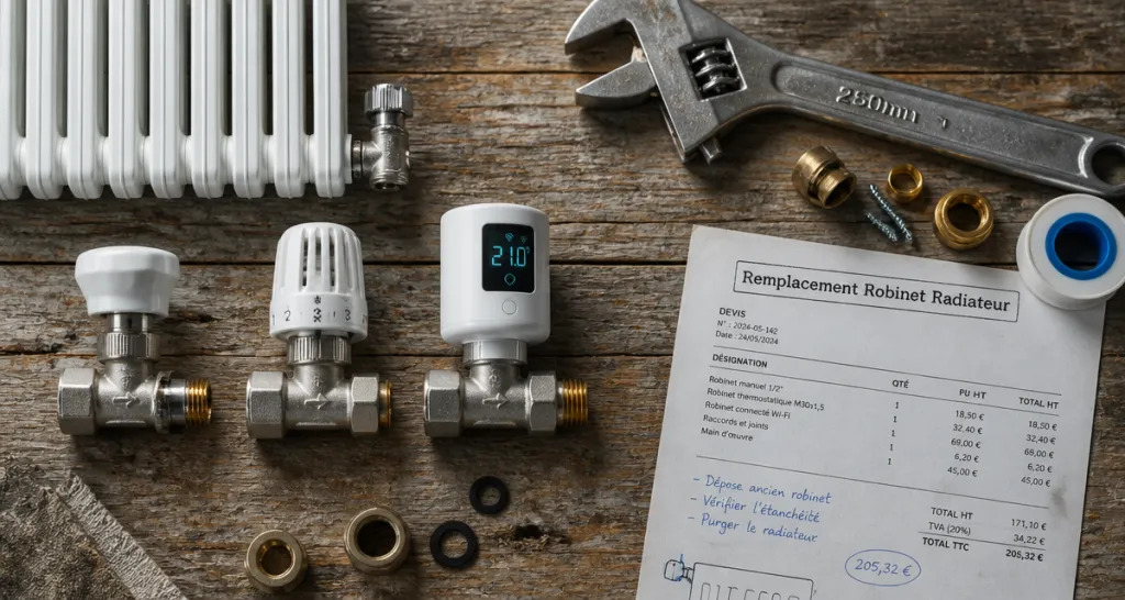 prix d un plombier pour changer un robinet de radiateur sur établi avec outils et devis