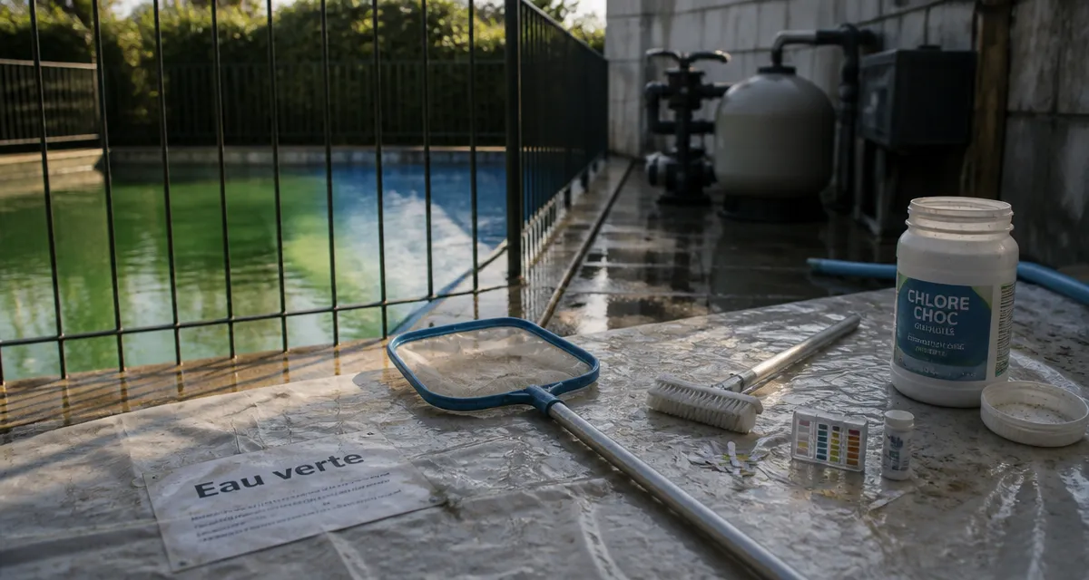 Chlore choc pour eau verte de piscine, eau verte à traiter