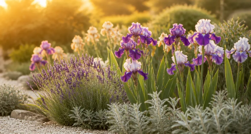 Que mettre au pied des iris massif fleuri lavande sauge paillis