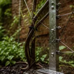Support plante grimpante en acier avec treillis et glycine au jardin