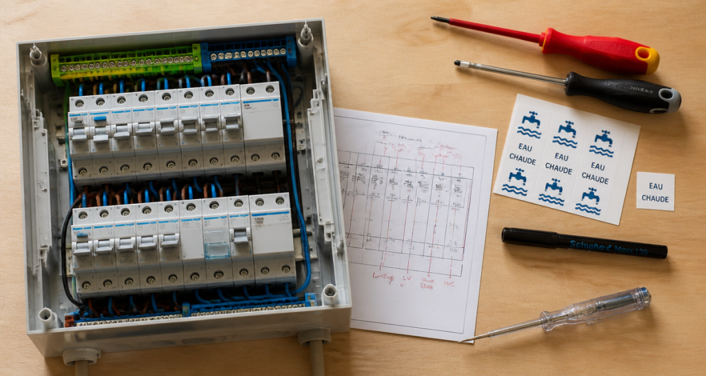symbole chauffe eau sur tableau electrique sur plan de travail