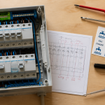 symbole chauffe eau sur tableau electrique sur plan de travail