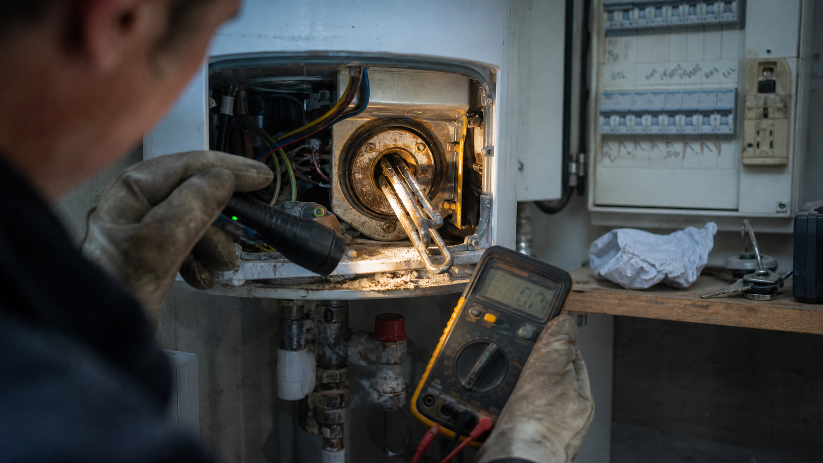 Chauffe eau depannage : chauffe-eau mural en panne, diagnostic technicien et multimètre