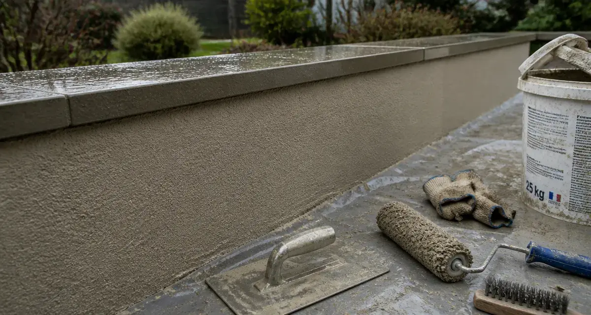 Crépi muret fraîchement appliqué sur muret en extérieur, sous pluie froide