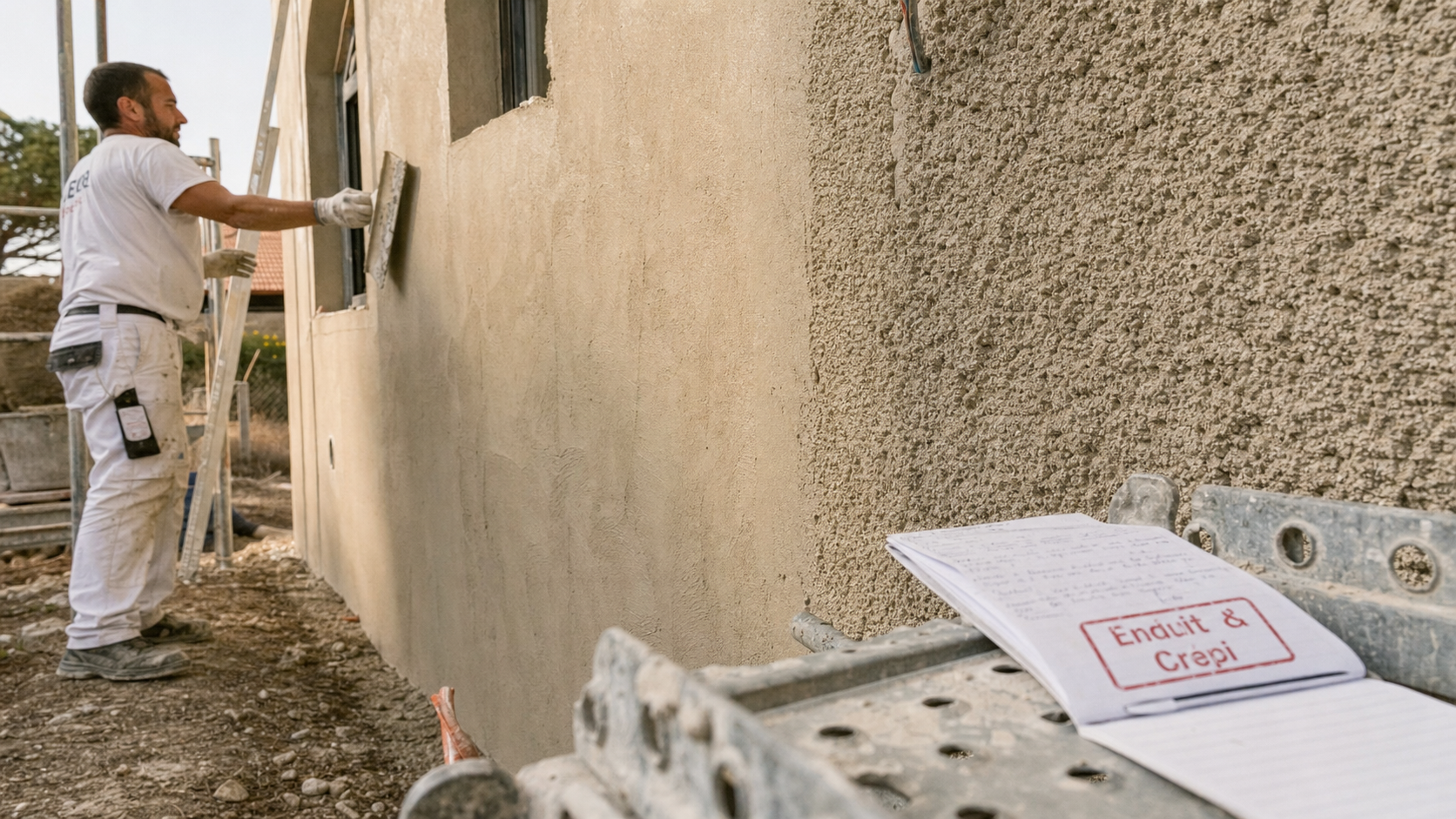 Crépi ou enduit extérieur : application projetée et talochée sur façade