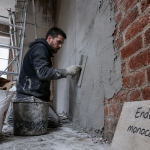 Enduit sur brique gris sur mur, truelle et brique visible, sans fissures ni humidité bloquée
