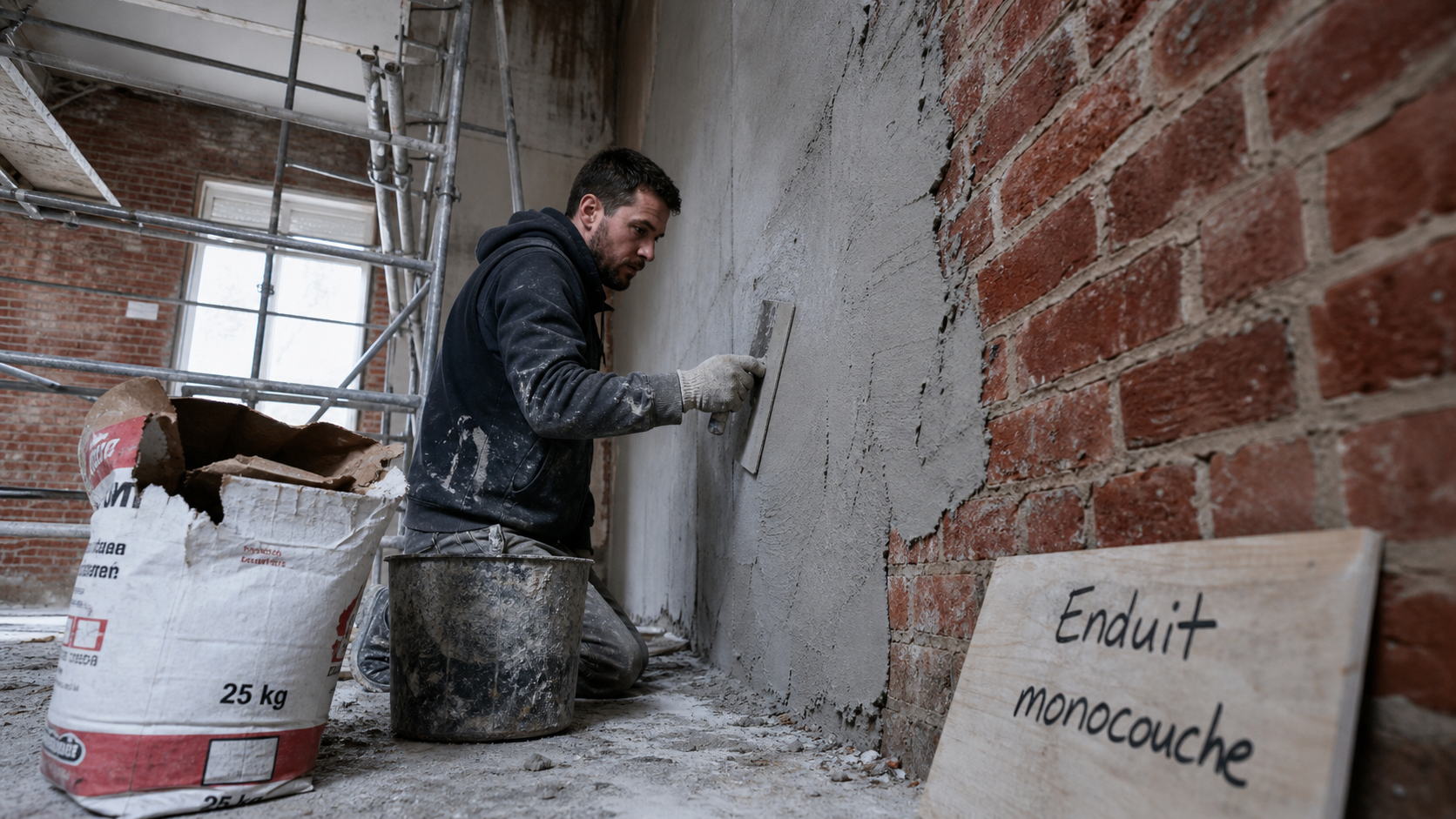 Enduit sur brique gris sur mur, truelle et brique visible, sans fissures ni humidité bloquée