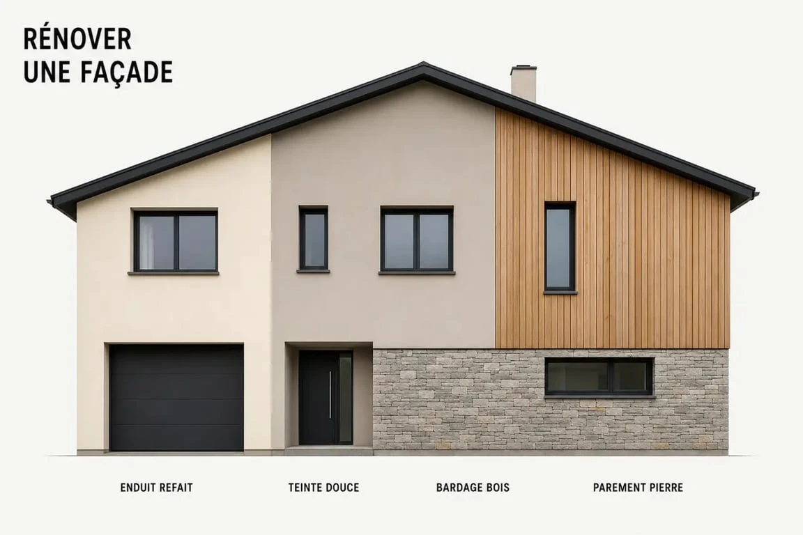 Solutions rénover ou embellir façade : façade avant et après avec enduit, peinture, bardage et parement