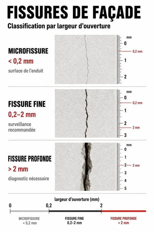 Infographie des types de fissures sur un crépi extérieur selon leur largeur pour le diagnostic de façade