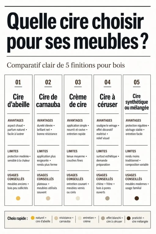 Comparatif de la meilleure cire pour meubles : cire d’abeille, carnauba, crème de cire, cire à céruser et cire synthétique