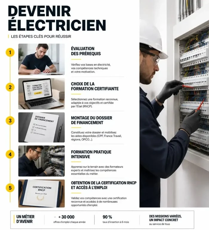Infographie des étapes pour réussir sa formation rapide d'électricien et obtenir sa certification