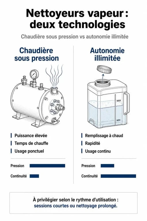 Infographie comparative des technologies de nettoyeurs vapeur testés par 60 Millions de Consommateurs