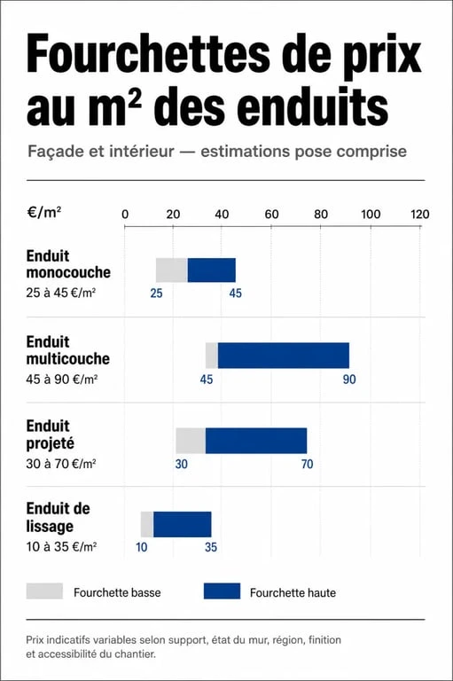 Infographie comparative des prix au m2 pour différents types d'enduit de façade et intérieur