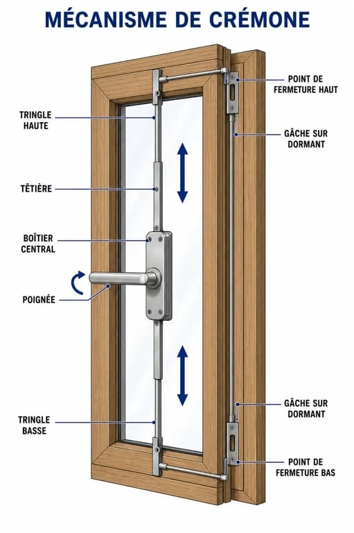 Schéma du mécanisme cremone fenetre bois sur fenêtre en bois, avec têtière, tringles et points de fermeture