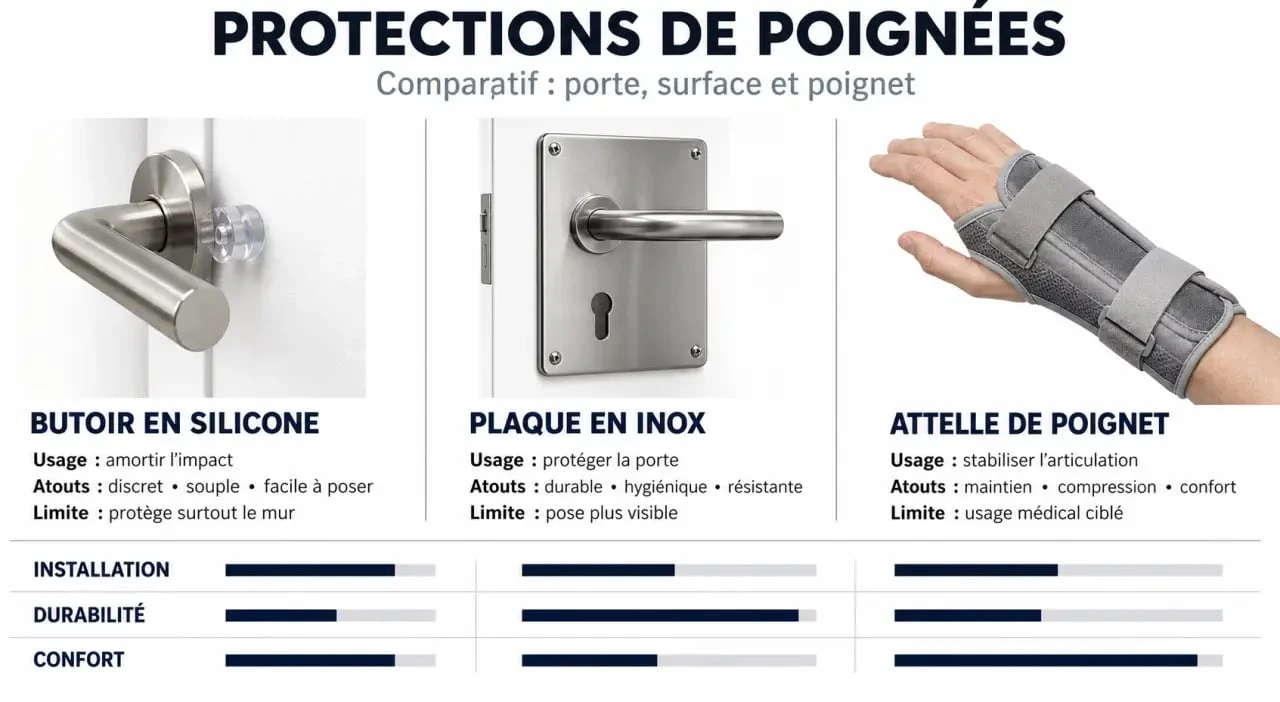 Comparatif des différents types de protection de poignée : butoir de porte, plaque inox et protège-poignet médical.
