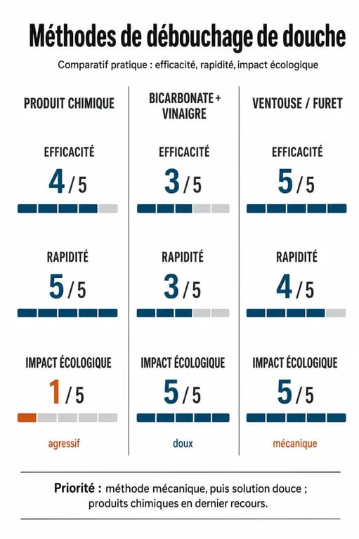 Infographie comparative des méthodes pour déboucher une douche : produits chimiques, solutions naturelles et méthodes mécaniques.