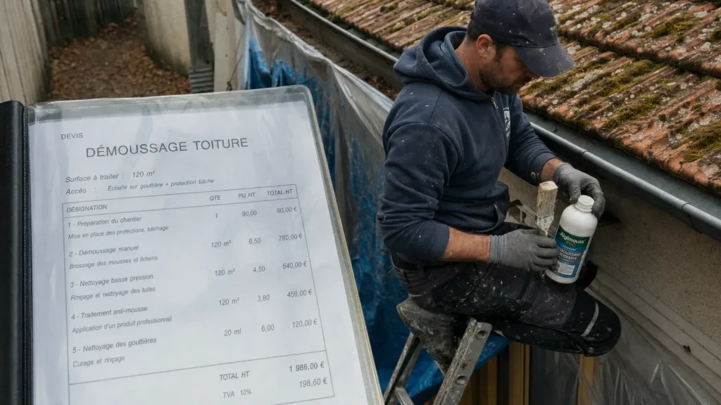 Exemple devis démoussage toiture 140 m², acompte 30 %