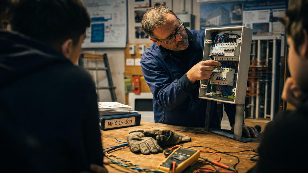 Formation rapide electricien en atelier : gants, multimètre et tableau électrique
