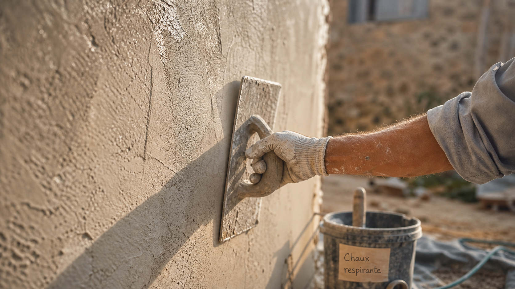 Mur à la chaux extérieur : enduit à la chaux taloché en façade